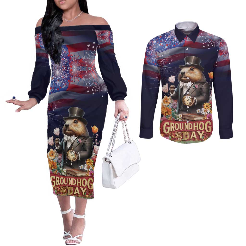Groundhog Day Gentleman Couples Matching Off The Shoulder Long Sleeve Dress and Long Sleeve Button Shirt Same Day Again - Wonder Print Shop