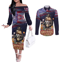 Groundhog Day Gentleman Couples Matching Off The Shoulder Long Sleeve Dress and Long Sleeve Button Shirt Same Day Again - Wonder Print Shop