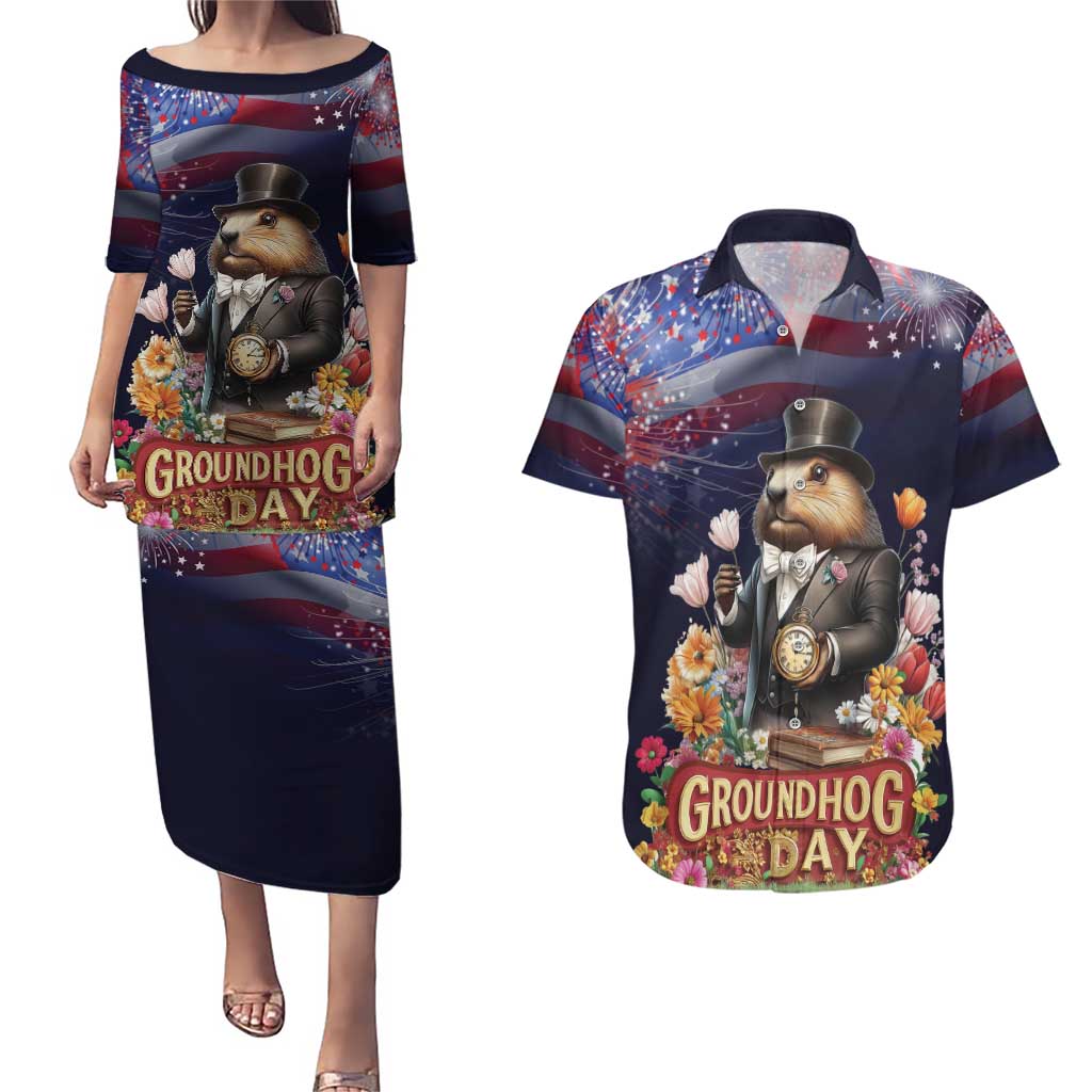Groundhog Day Gentleman Couples Matching Puletasi and Hawaiian Shirt Same Day Again - Wonder Print Shop