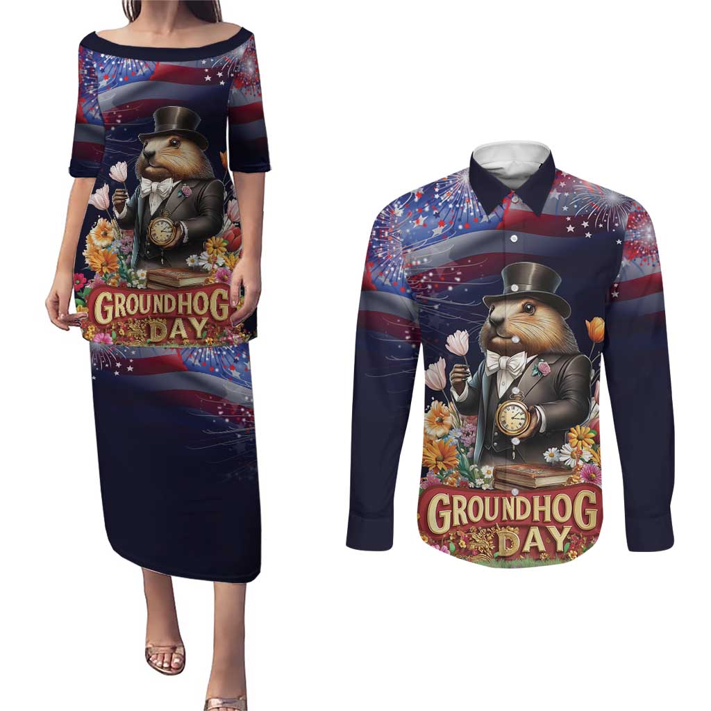 Groundhog Day Gentleman Couples Matching Puletasi and Long Sleeve Button Shirt Same Day Again - Wonder Print Shop