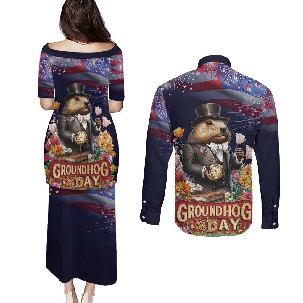 Groundhog Day Gentleman Couples Matching Puletasi and Long Sleeve Button Shirt Same Day Again - Wonder Print Shop
