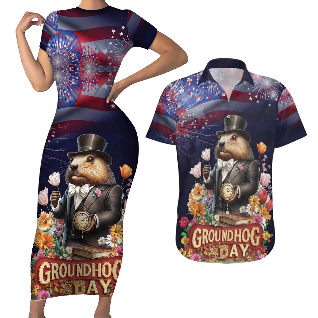 Groundhog Day Gentleman Couples Matching Short Sleeve Bodycon Dress and Hawaiian Shirt Same Day Again - Wonder Print Shop