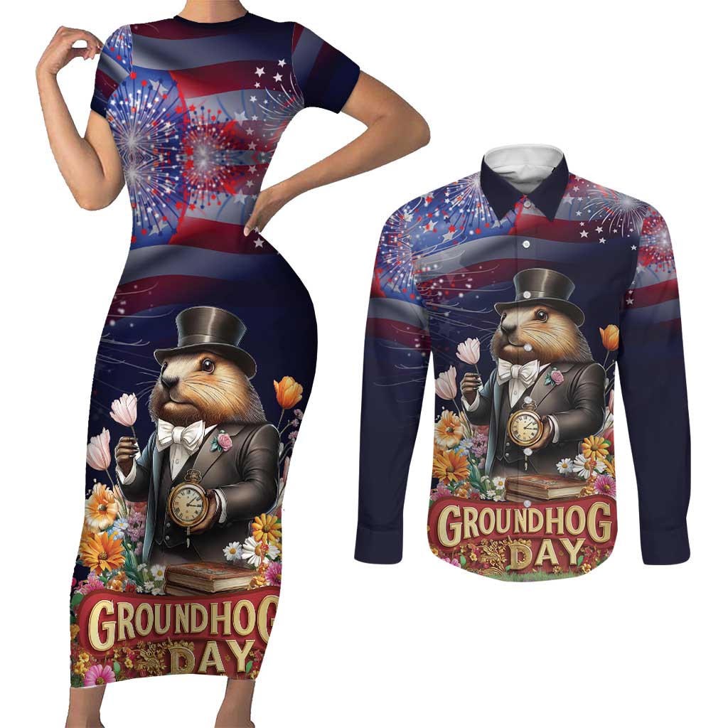 Groundhog Day Gentleman Couples Matching Short Sleeve Bodycon Dress and Long Sleeve Button Shirt Same Day Again - Wonder Print Shop
