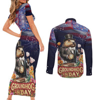 Groundhog Day Gentleman Couples Matching Short Sleeve Bodycon Dress and Long Sleeve Button Shirt Same Day Again - Wonder Print Shop