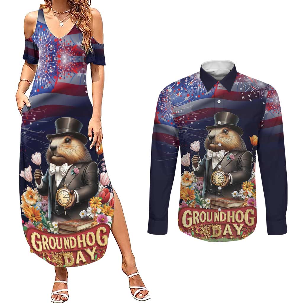 Groundhog Day Gentleman Couples Matching Summer Maxi Dress and Long Sleeve Button Shirt Same Day Again - Wonder Print Shop