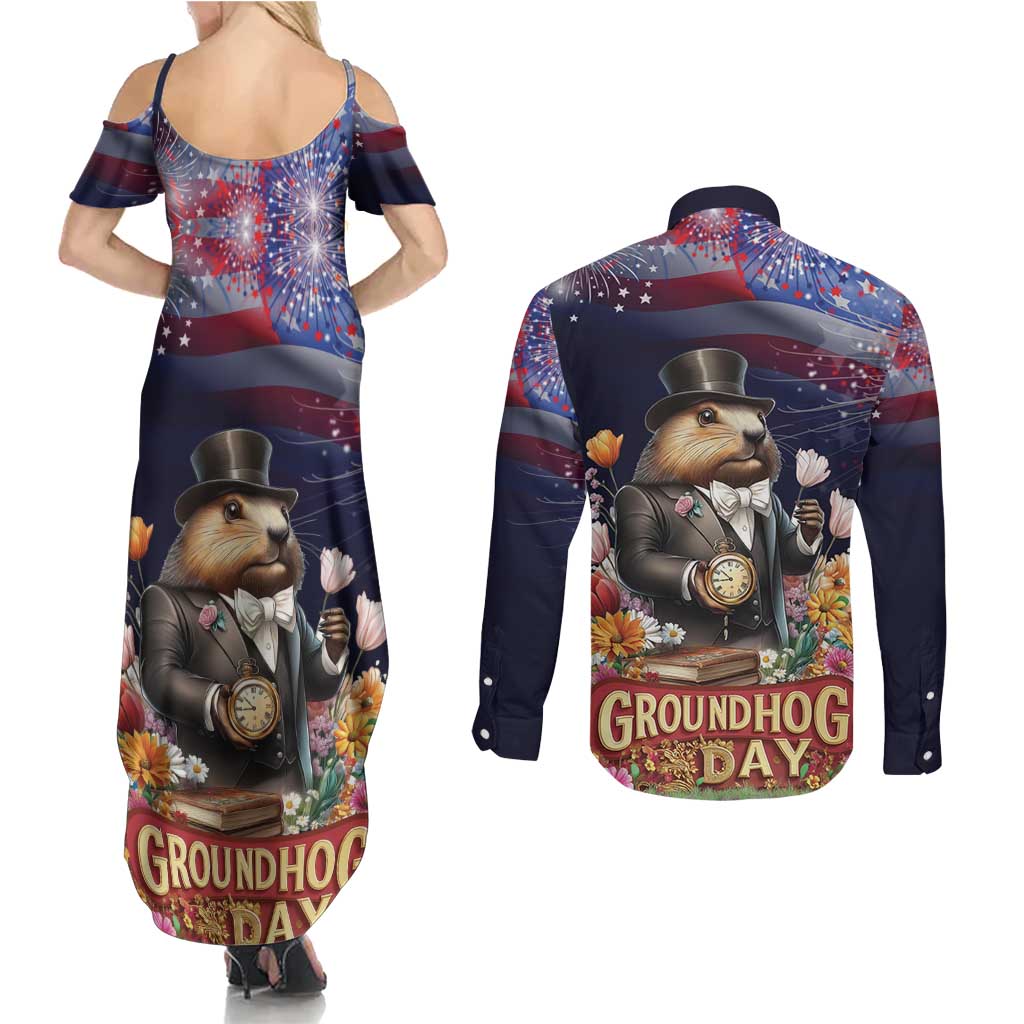 Groundhog Day Gentleman Couples Matching Summer Maxi Dress and Long Sleeve Button Shirt Same Day Again - Wonder Print Shop
