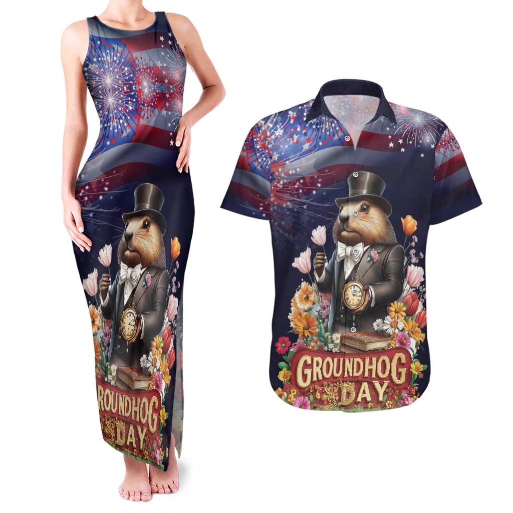 Groundhog Day Gentleman Couples Matching Tank Maxi Dress and Hawaiian Shirt Same Day Again - Wonder Print Shop