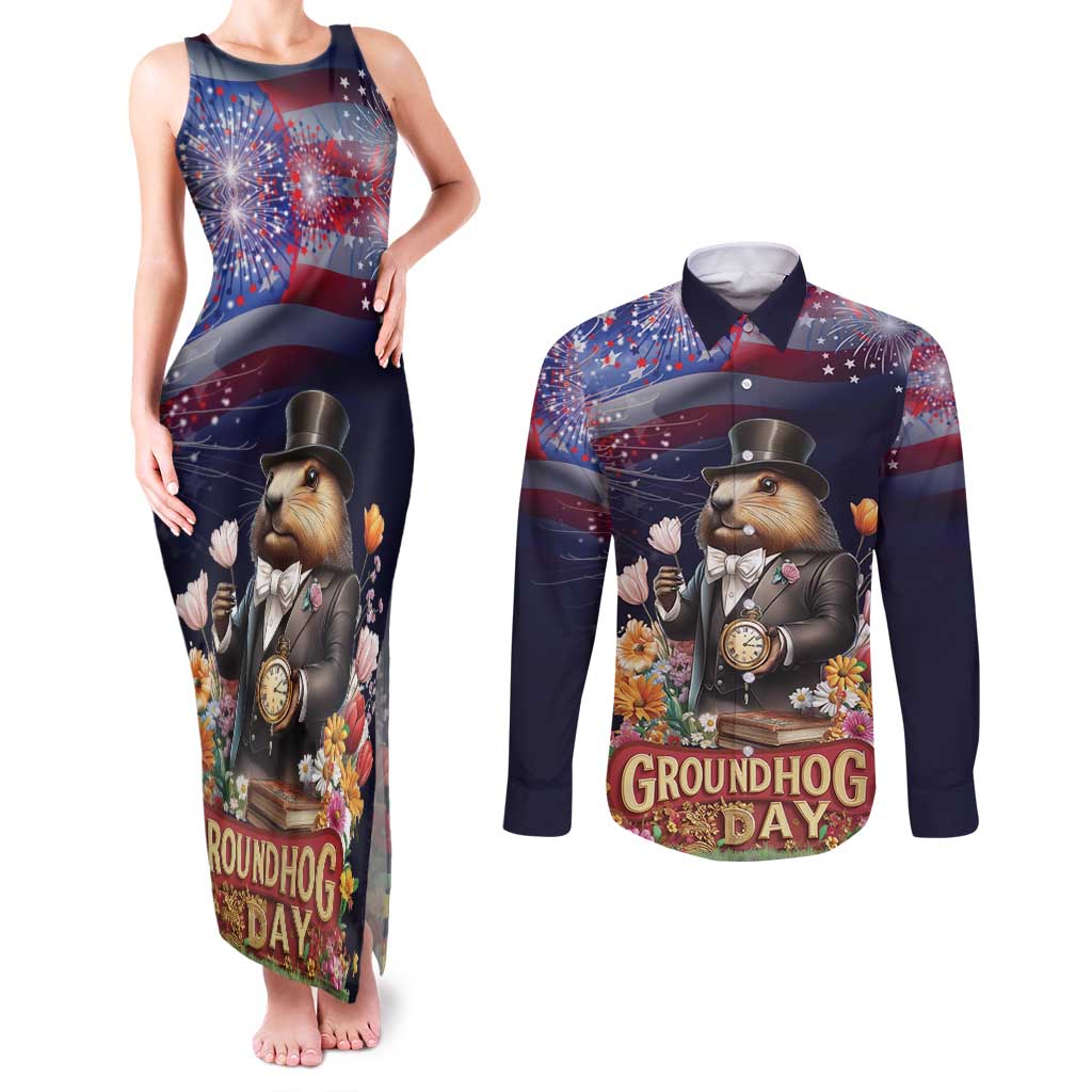 Groundhog Day Gentleman Couples Matching Tank Maxi Dress and Long Sleeve Button Shirt Same Day Again - Wonder Print Shop