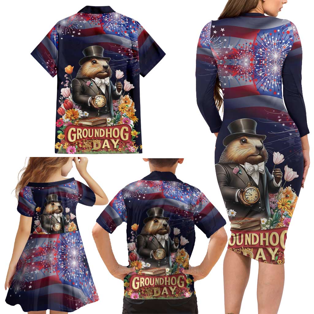 Groundhog Day Gentleman Family Matching Long Sleeve Bodycon Dress and Hawaiian Shirt Same Day Again - Wonder Print Shop