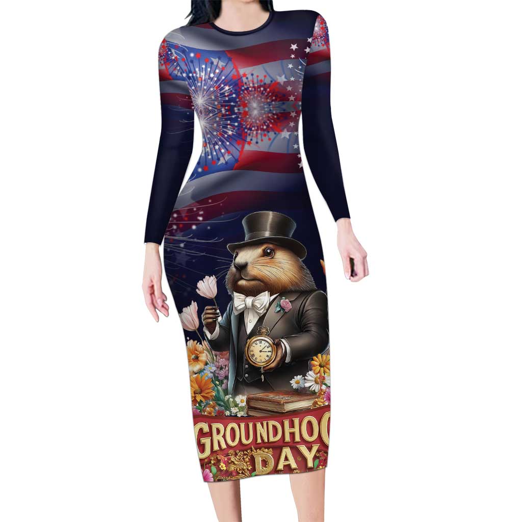 Groundhog Day Gentleman Family Matching Long Sleeve Bodycon Dress and Hawaiian Shirt Same Day Again - Wonder Print Shop