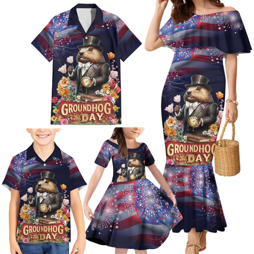 Groundhog Day Gentleman Family Matching Mermaid Dress and Hawaiian Shirt Same Day Again - Wonder Print Shop