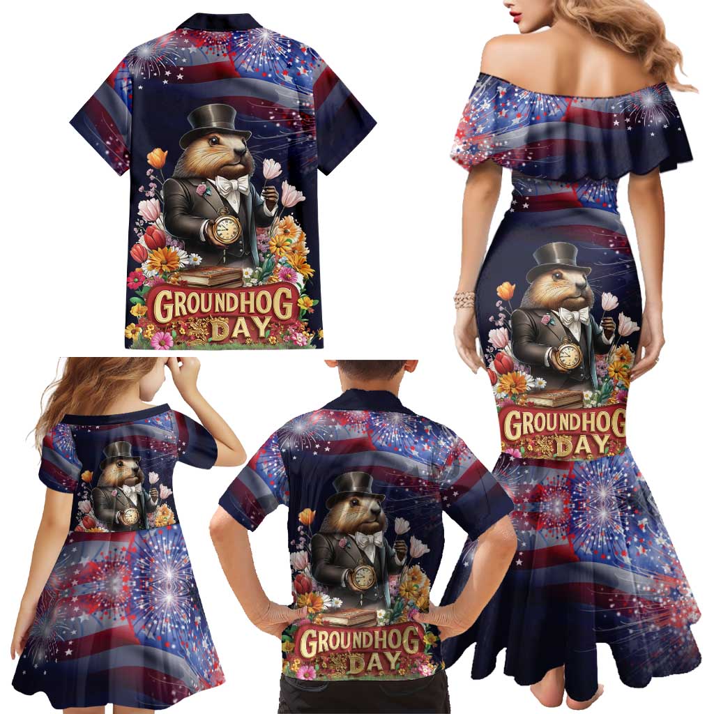 Groundhog Day Gentleman Family Matching Mermaid Dress and Hawaiian Shirt Same Day Again - Wonder Print Shop