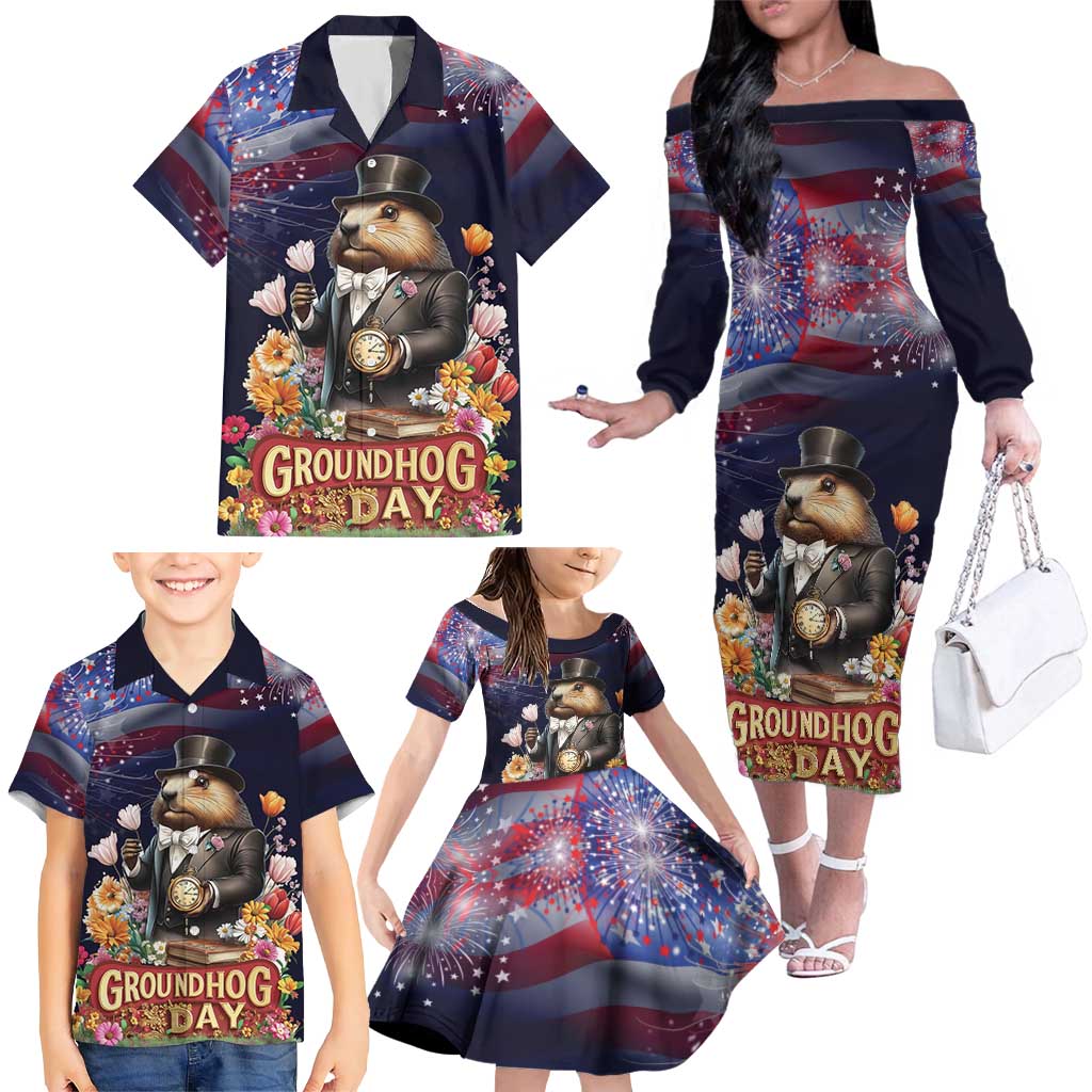 Groundhog Day Gentleman Family Matching Off The Shoulder Long Sleeve Dress and Hawaiian Shirt Same Day Again - Wonder Print Shop