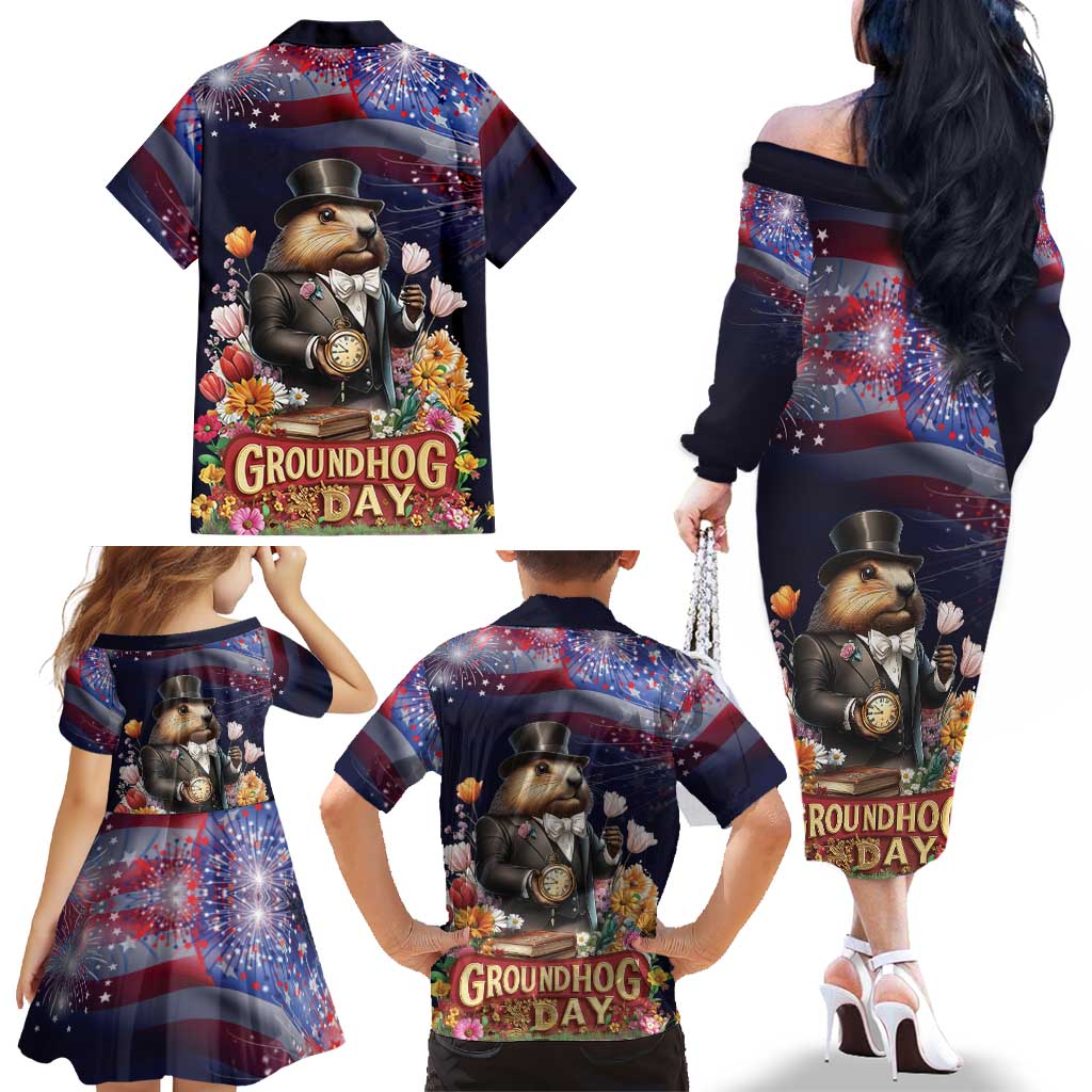 Groundhog Day Gentleman Family Matching Off The Shoulder Long Sleeve Dress and Hawaiian Shirt Same Day Again - Wonder Print Shop