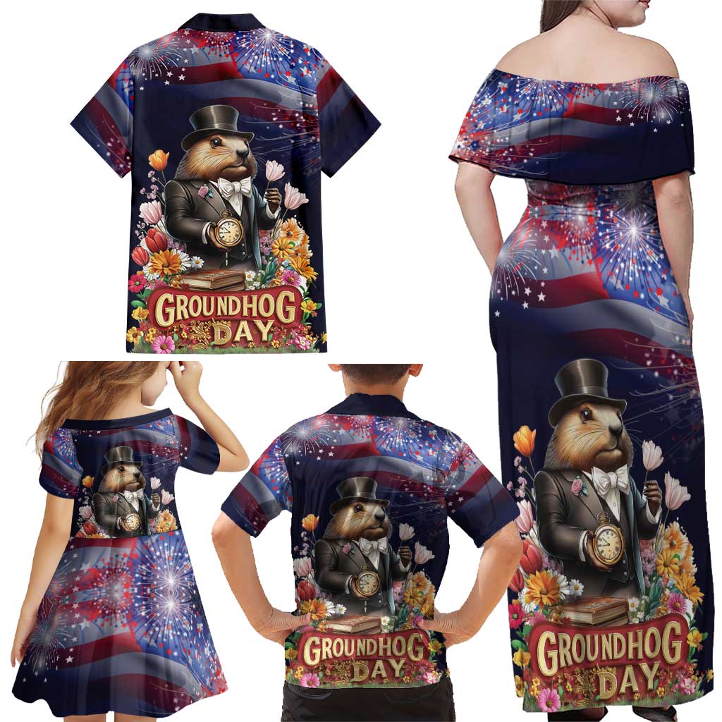 Groundhog Day Gentleman Family Matching Off Shoulder Maxi Dress and Hawaiian Shirt Same Day Again - Wonder Print Shop