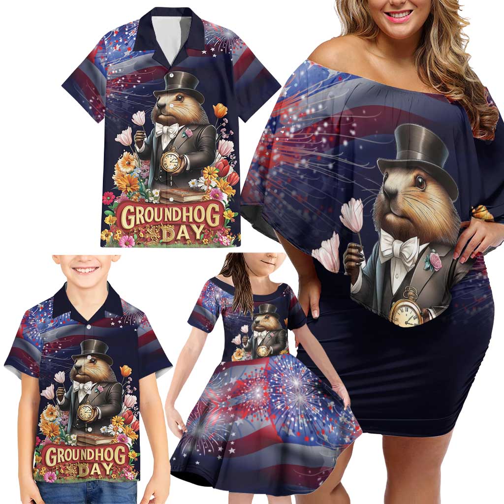Groundhog Day Gentleman Family Matching Off Shoulder Short Dress and Hawaiian Shirt Same Day Again - Wonder Print Shop
