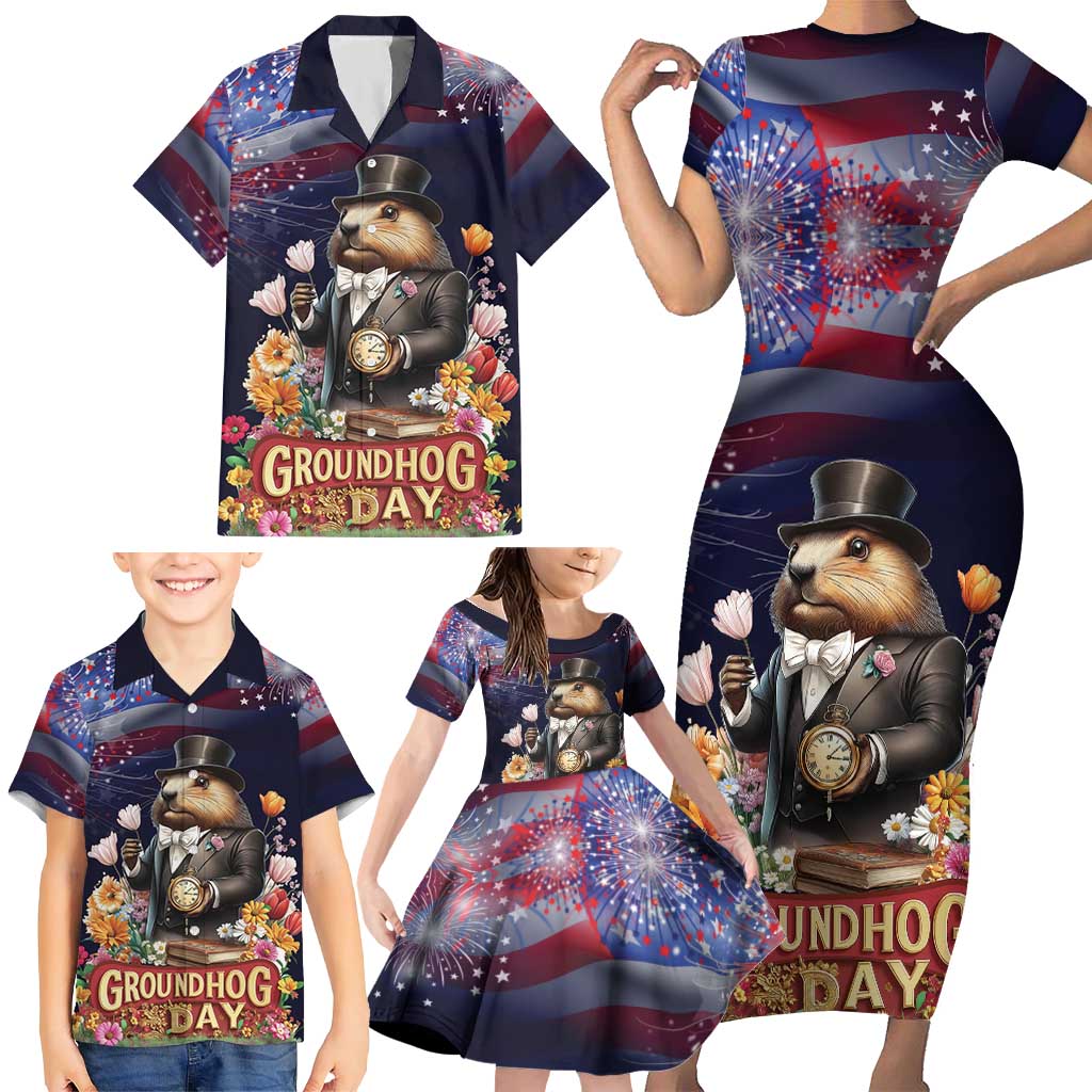 Groundhog Day Gentleman Family Matching Short Sleeve Bodycon Dress and Hawaiian Shirt Same Day Again - Wonder Print Shop