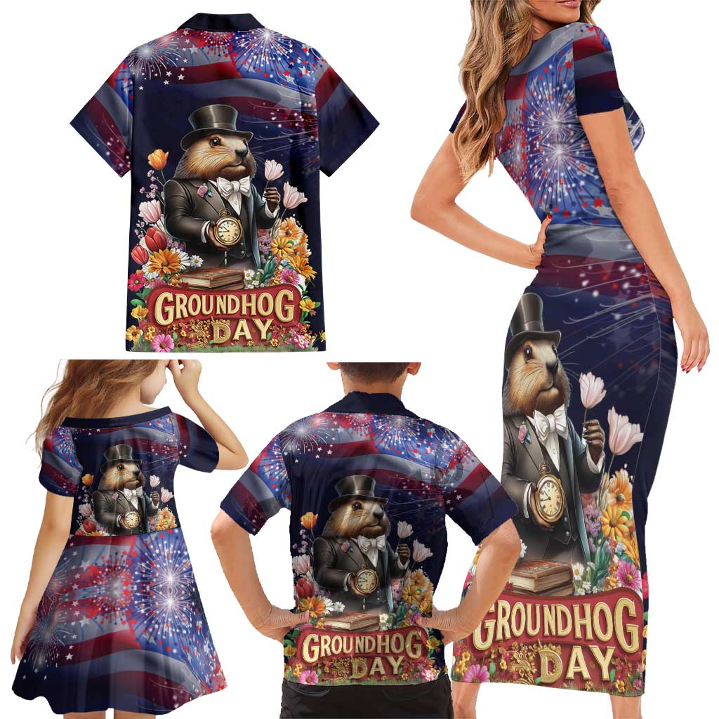 Groundhog Day Gentleman Family Matching Short Sleeve Bodycon Dress and Hawaiian Shirt Same Day Again - Wonder Print Shop