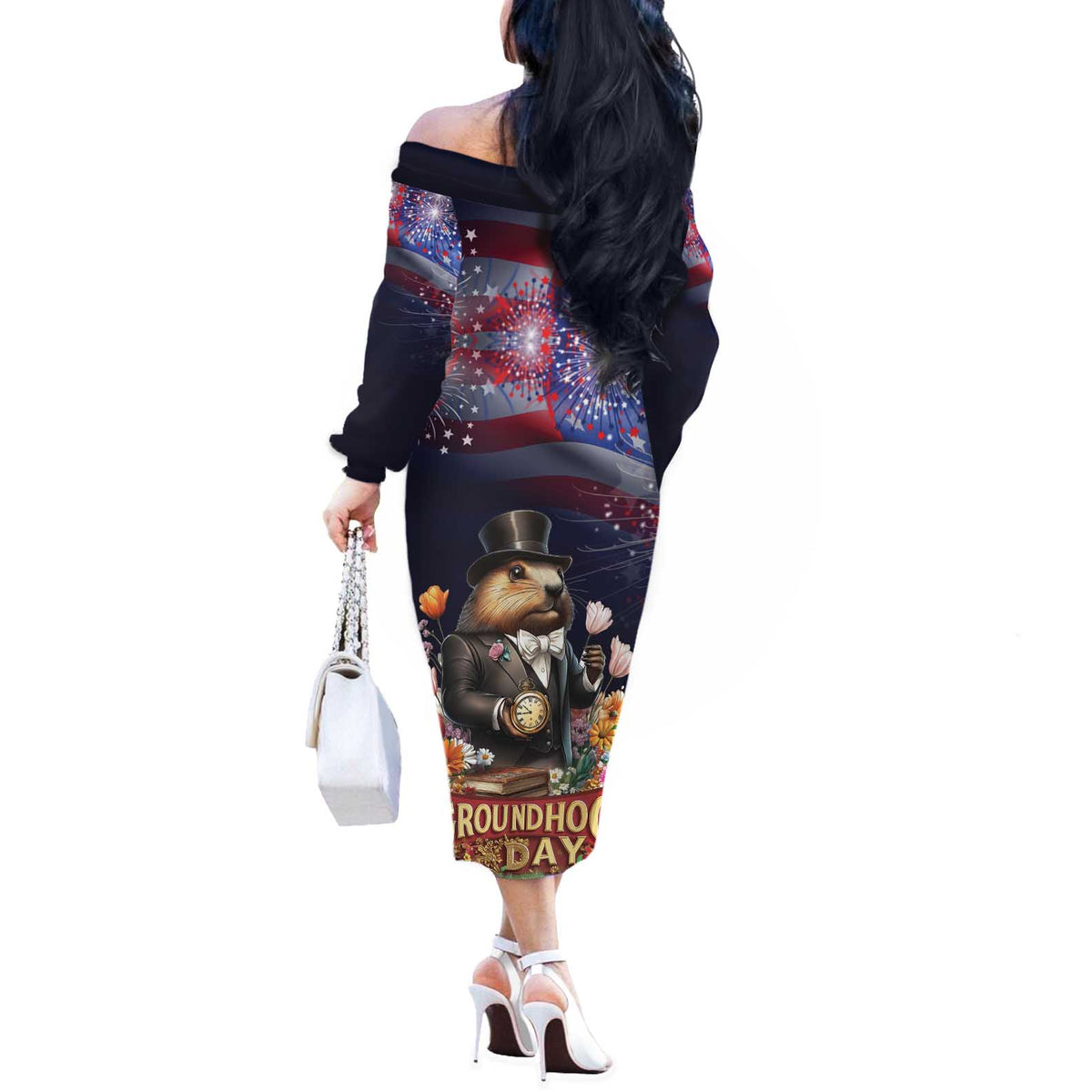 Groundhog Day Gentleman Off The Shoulder Long Sleeve Dress Same Day Again - Wonder Print Shop