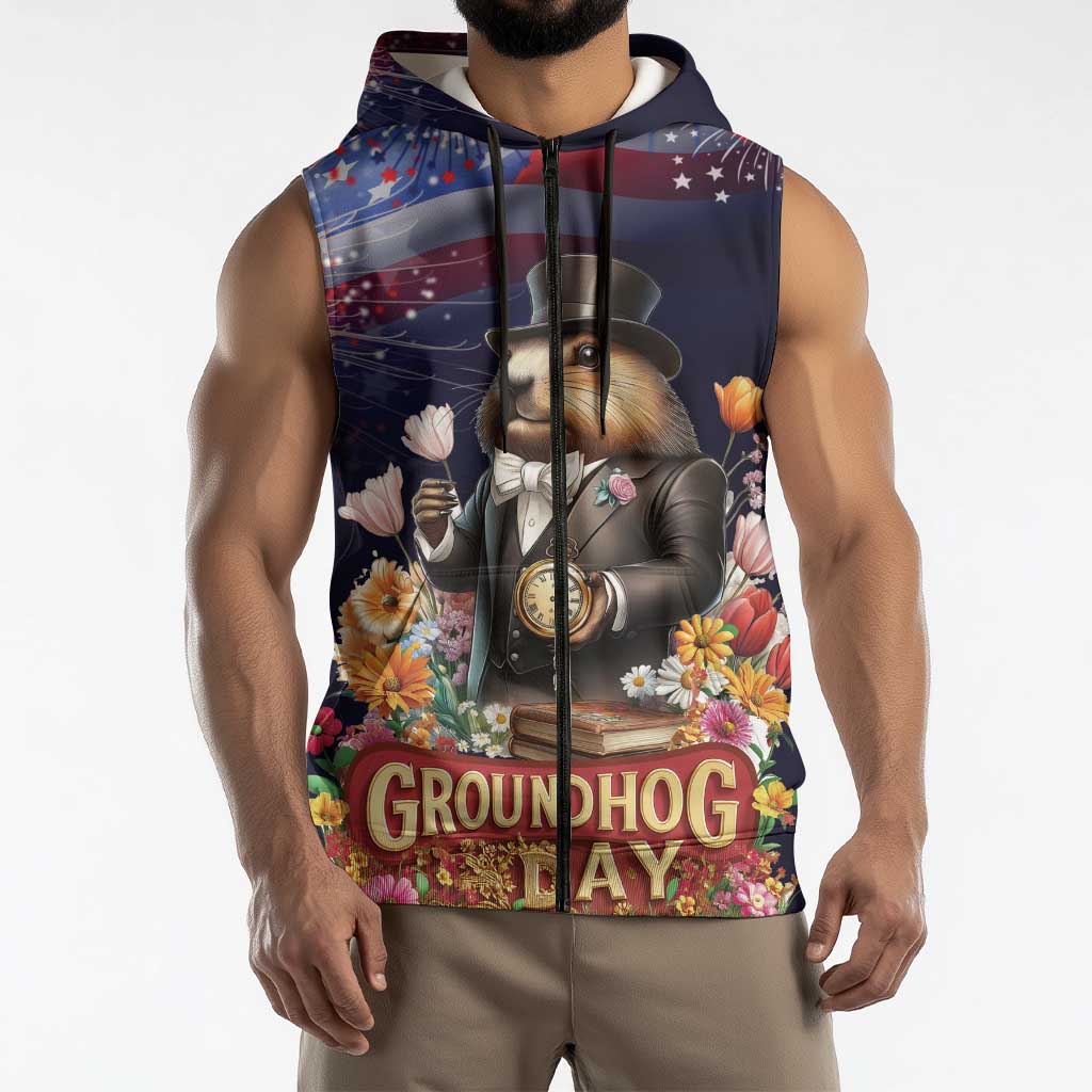 Groundhog Day Gentleman Sleeveless Zip Hoodie Same Day Again - Wonder Print Shop