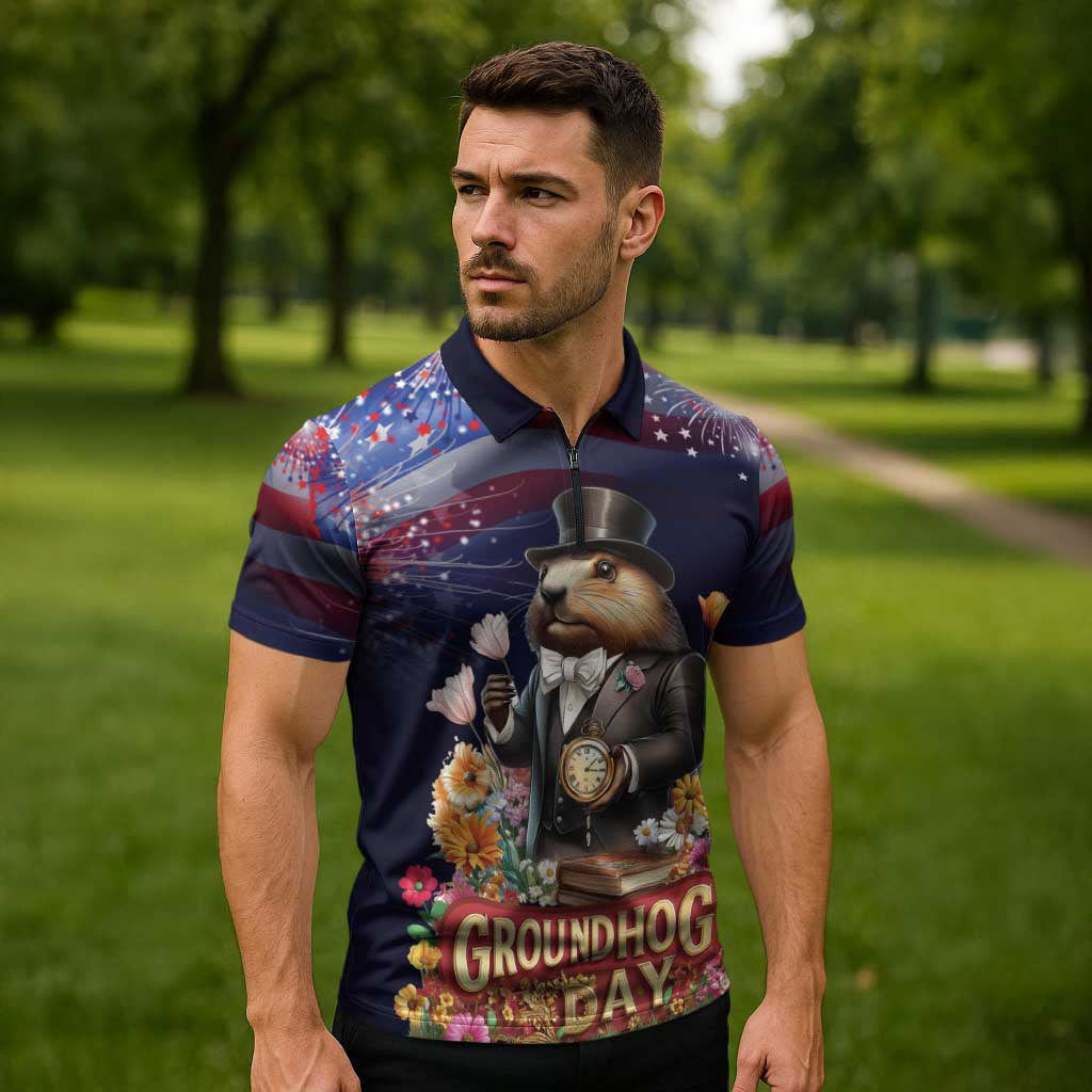 Groundhog Day Gentleman Zipper Polo Shirt Same Day Again - Wonder Print Shop
