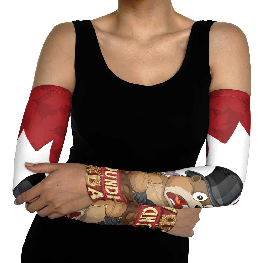 Funny Groundhog Day Arm Sleeves Canadian Maple Leaf - Wonder Print Shop