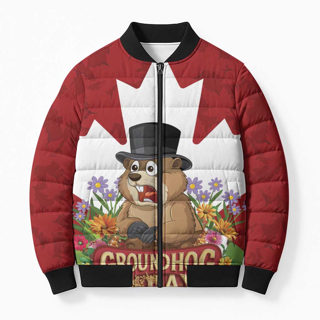 Funny Groundhog Day Bomber Puffer Jacket Canadian Maple Leaf - Wonder Print Shop