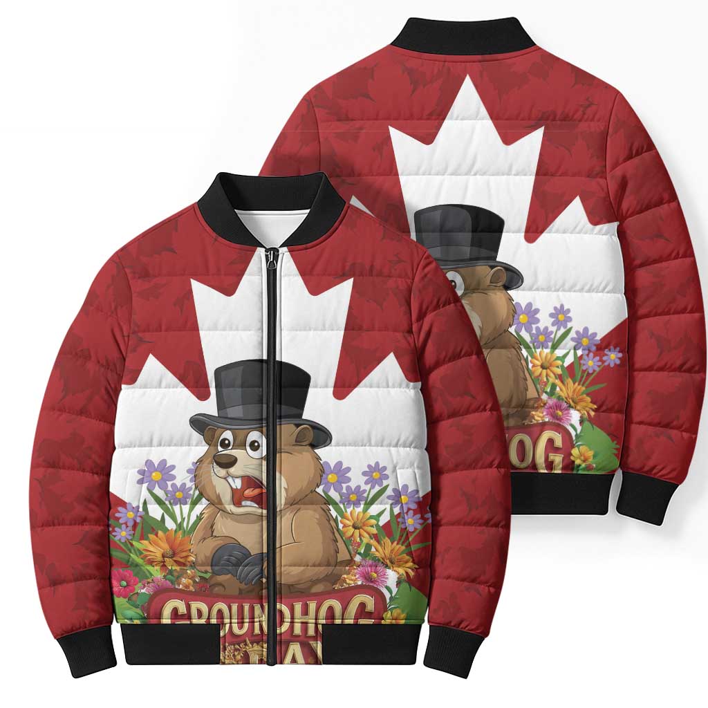 Funny Groundhog Day Bomber Puffer Jacket Canadian Maple Leaf - Wonder Print Shop