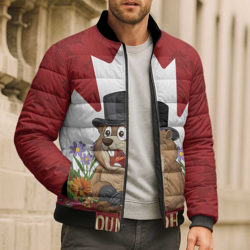 Funny Groundhog Day Bomber Puffer Jacket Canadian Maple Leaf - Wonder Print Shop