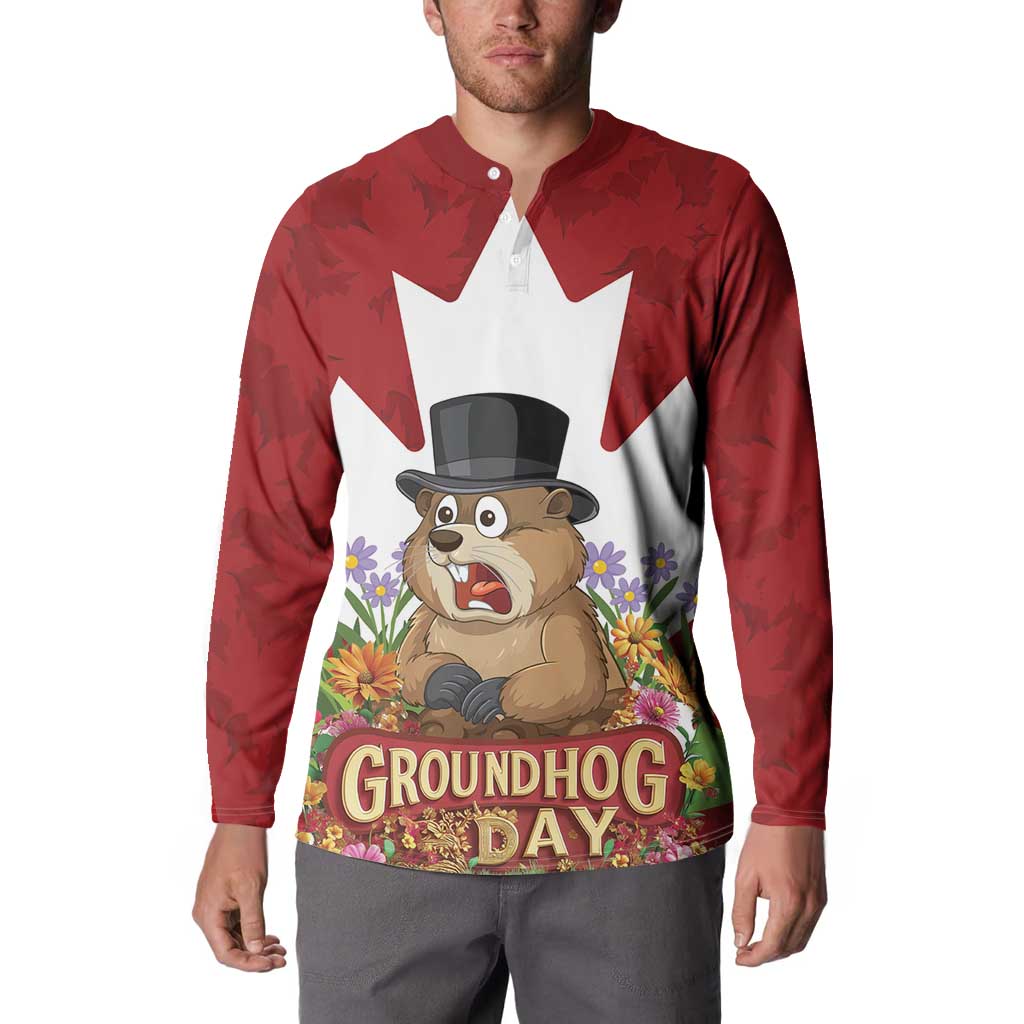 Funny Groundhog Day Button Sweatshirt Canadian Maple Leaf - Wonder Print Shop