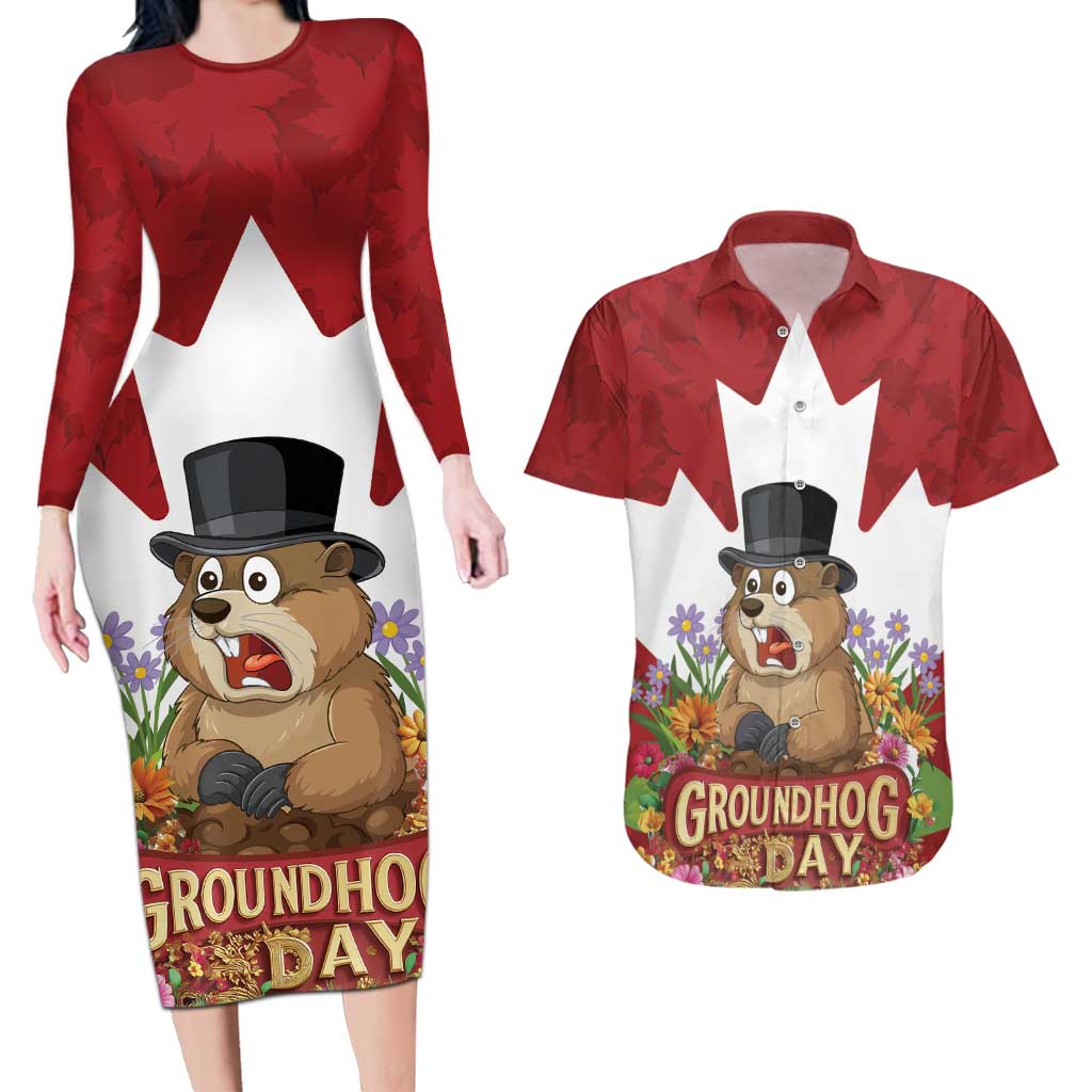 Funny Groundhog Day Couples Matching Long Sleeve Bodycon Dress and Hawaiian Shirt Canadian Maple Leaf - Wonder Print Shop
