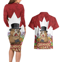 Funny Groundhog Day Couples Matching Long Sleeve Bodycon Dress and Hawaiian Shirt Canadian Maple Leaf - Wonder Print Shop