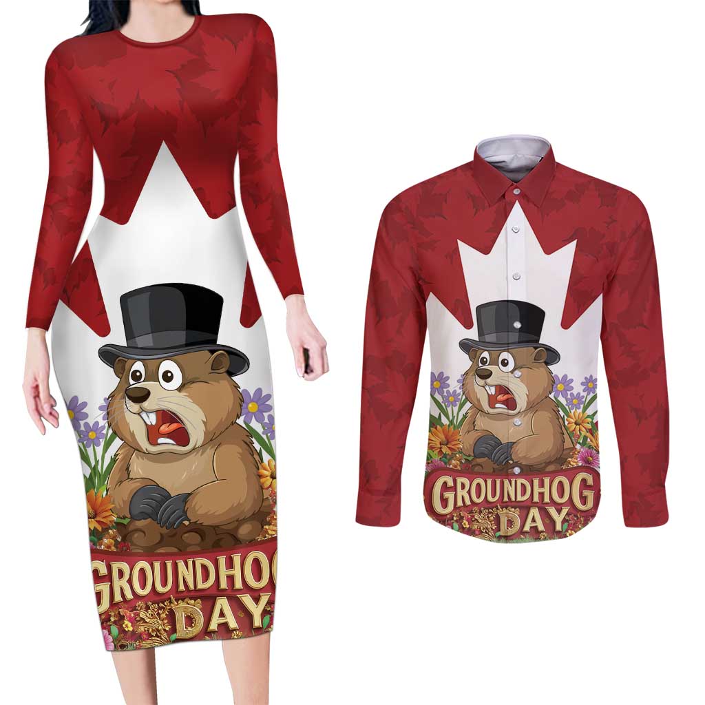 Funny Groundhog Day Couples Matching Long Sleeve Bodycon Dress and Long Sleeve Button Shirt Canadian Maple Leaf - Wonder Print Shop