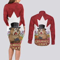 Funny Groundhog Day Couples Matching Long Sleeve Bodycon Dress and Long Sleeve Button Shirt Canadian Maple Leaf - Wonder Print Shop
