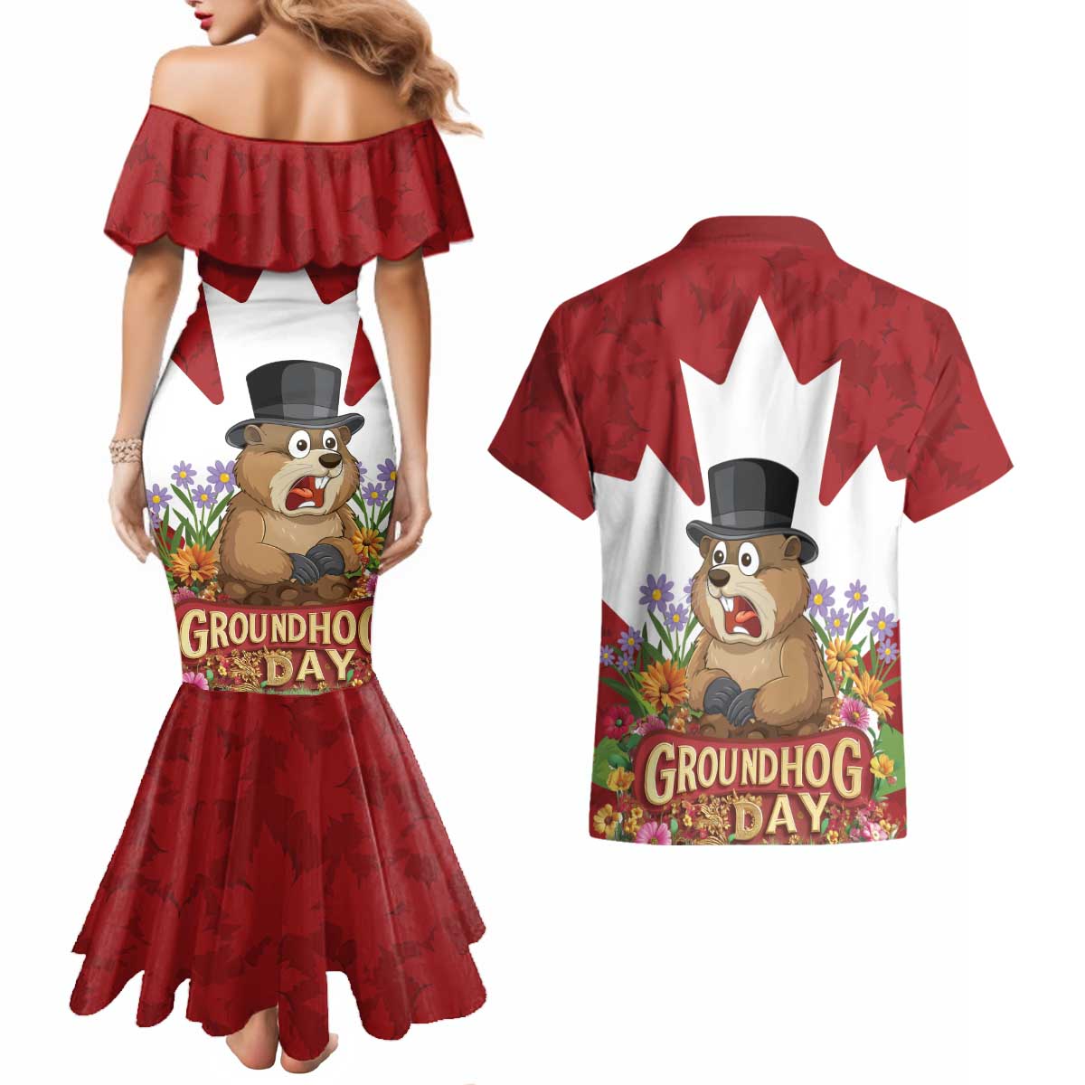 Funny Groundhog Day Couples Matching Mermaid Dress and Hawaiian Shirt Canadian Maple Leaf - Wonder Print Shop