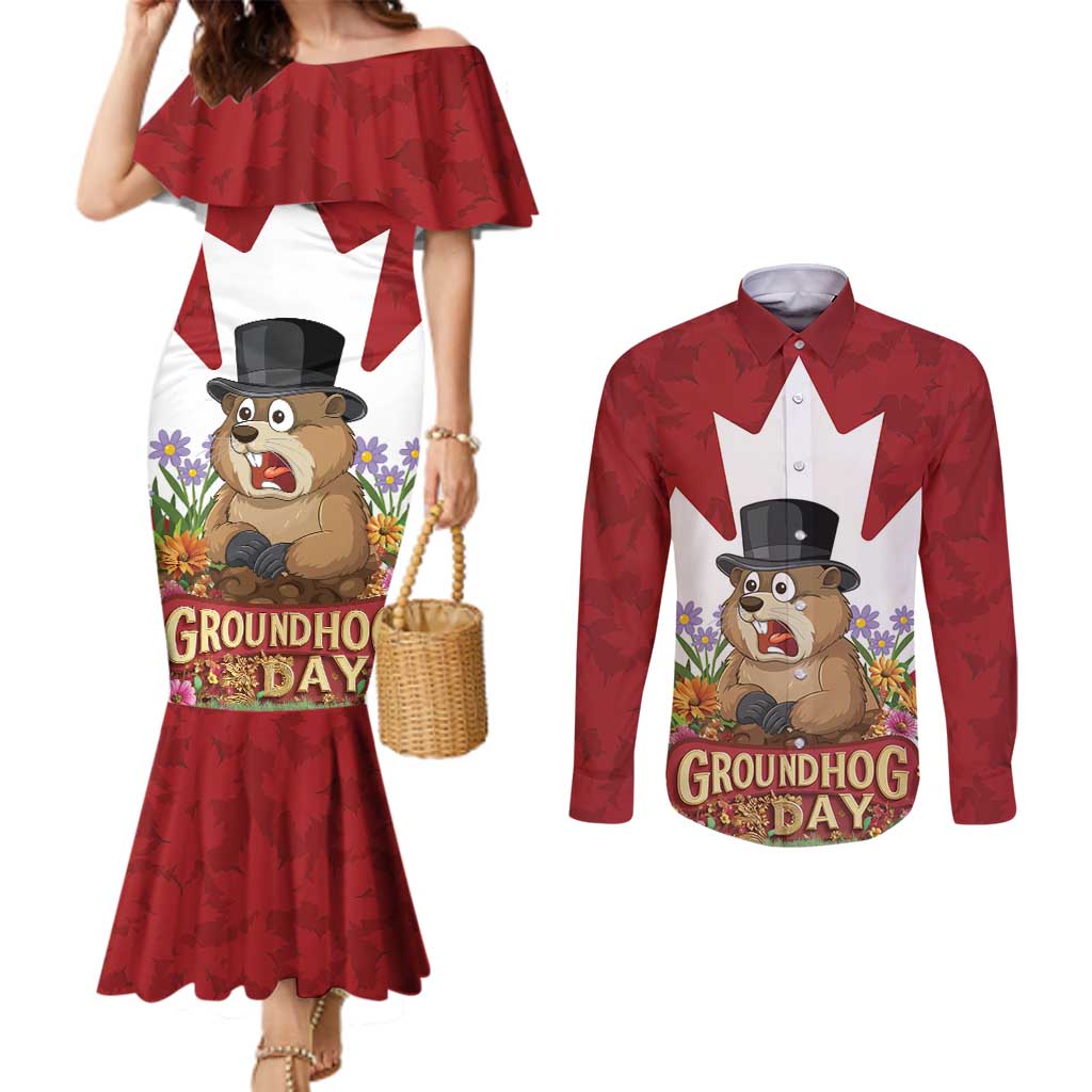 Funny Groundhog Day Couples Matching Mermaid Dress and Long Sleeve Button Shirt Canadian Maple Leaf - Wonder Print Shop