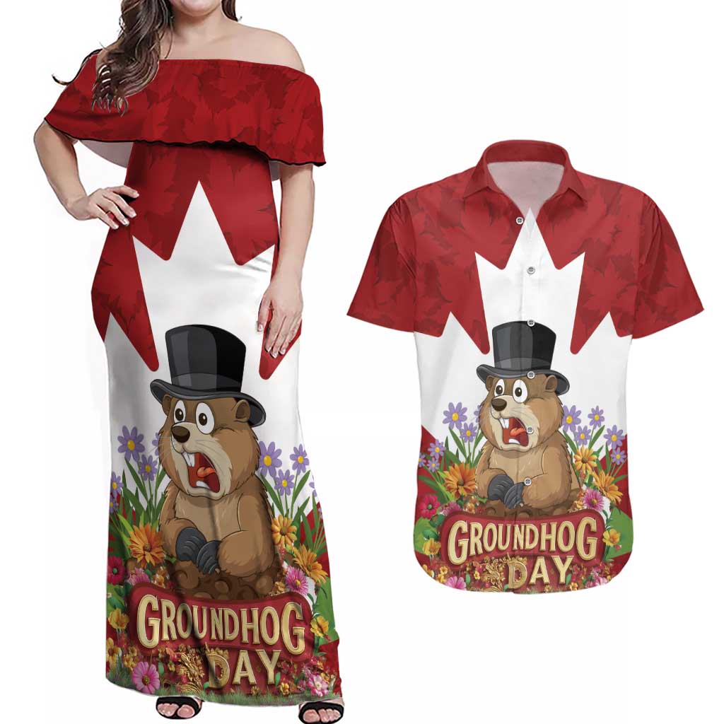 Funny Groundhog Day Couples Matching Off Shoulder Maxi Dress and Hawaiian Shirt Canadian Maple Leaf - Wonder Print Shop