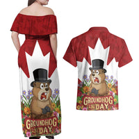 Funny Groundhog Day Couples Matching Off Shoulder Maxi Dress and Hawaiian Shirt Canadian Maple Leaf - Wonder Print Shop