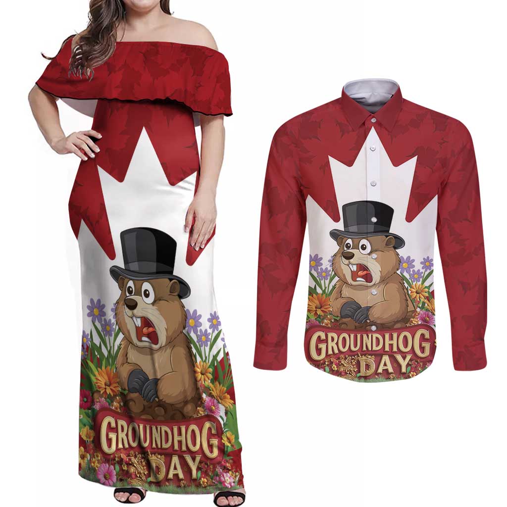 Funny Groundhog Day Couples Matching Off Shoulder Maxi Dress and Long Sleeve Button Shirt Canadian Maple Leaf - Wonder Print Shop