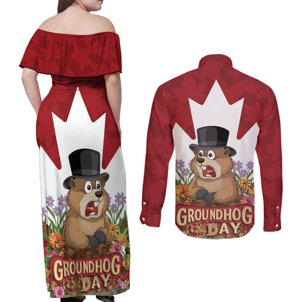 Funny Groundhog Day Couples Matching Off Shoulder Maxi Dress and Long Sleeve Button Shirt Canadian Maple Leaf - Wonder Print Shop