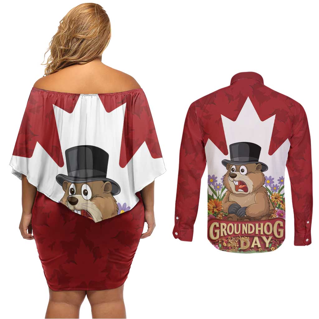 Funny Groundhog Day Couples Matching Off Shoulder Short Dress and Long Sleeve Button Shirt Canadian Maple Leaf - Wonder Print Shop