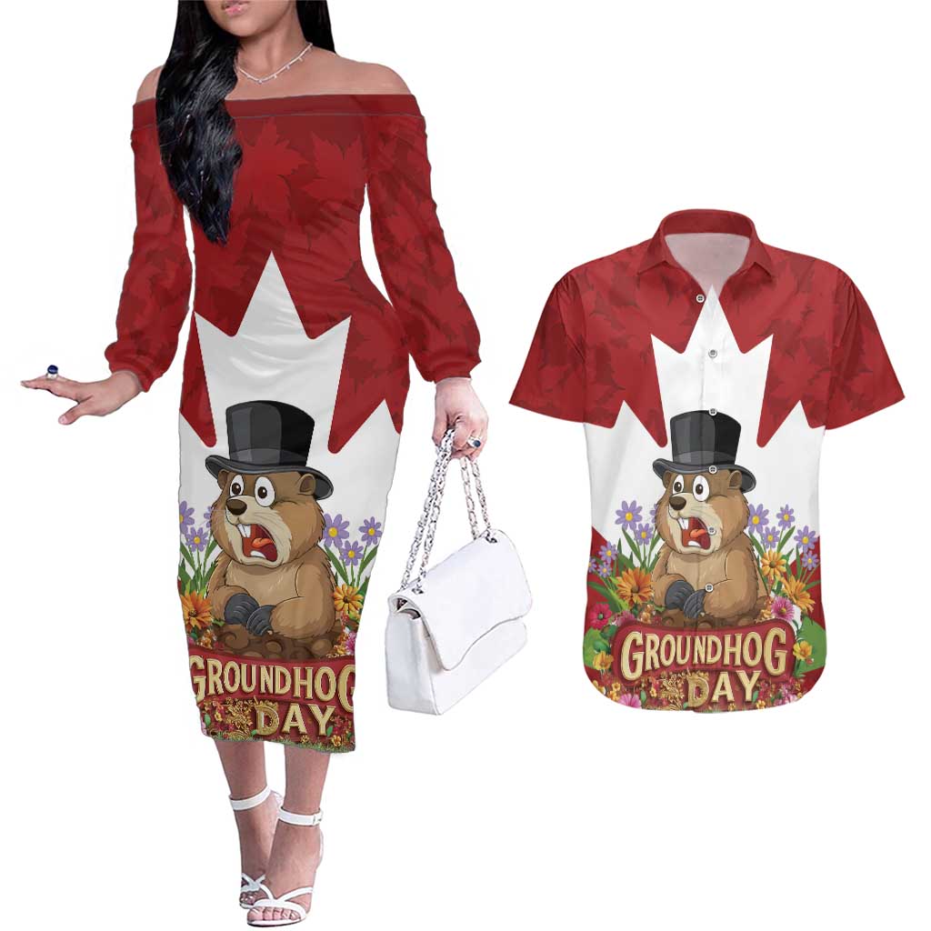 Funny Groundhog Day Couples Matching Off The Shoulder Long Sleeve Dress and Hawaiian Shirt Canadian Maple Leaf - Wonder Print Shop