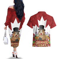 Funny Groundhog Day Couples Matching Off The Shoulder Long Sleeve Dress and Hawaiian Shirt Canadian Maple Leaf - Wonder Print Shop
