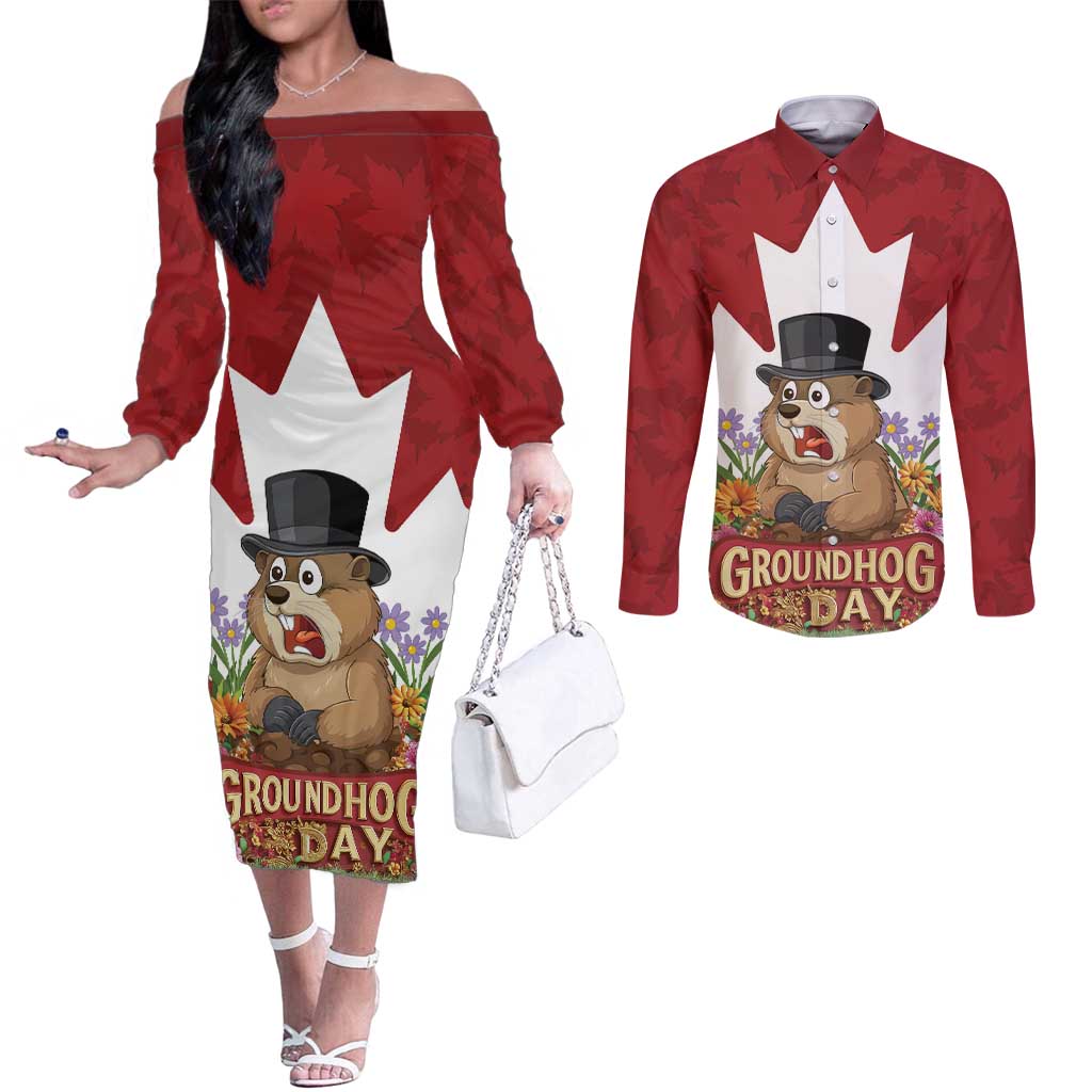 Funny Groundhog Day Couples Matching Off The Shoulder Long Sleeve Dress and Long Sleeve Button Shirt Canadian Maple Leaf - Wonder Print Shop