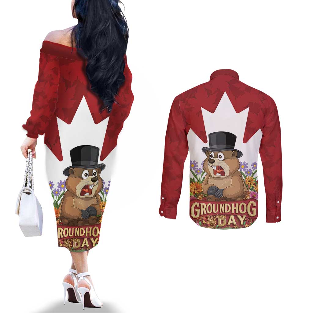 Funny Groundhog Day Couples Matching Off The Shoulder Long Sleeve Dress and Long Sleeve Button Shirt Canadian Maple Leaf - Wonder Print Shop