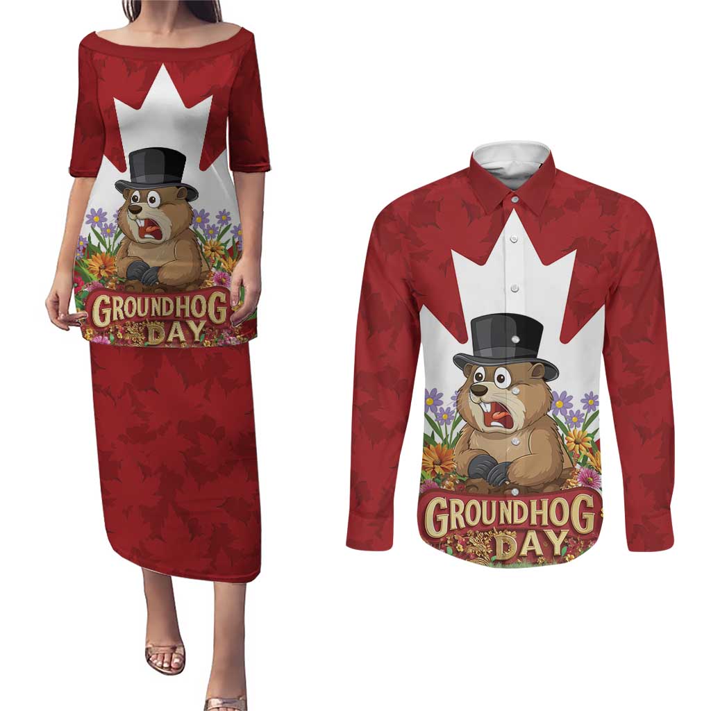 Funny Groundhog Day Couples Matching Puletasi and Long Sleeve Button Shirt Canadian Maple Leaf - Wonder Print Shop