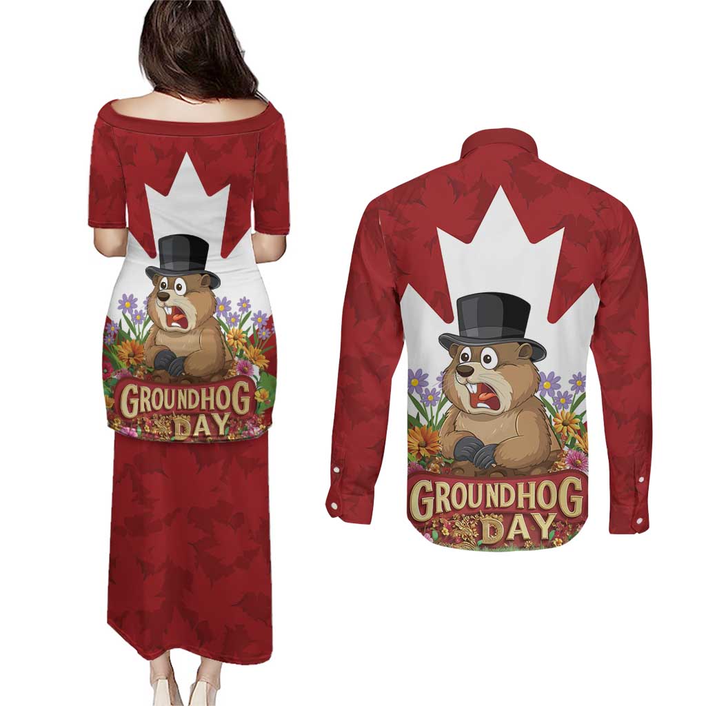 Funny Groundhog Day Couples Matching Puletasi and Long Sleeve Button Shirt Canadian Maple Leaf - Wonder Print Shop