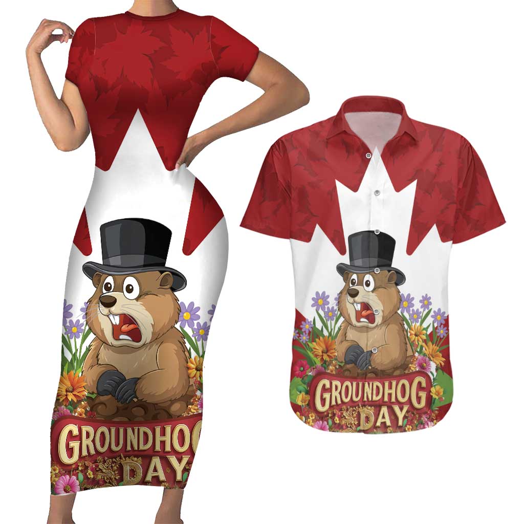 Funny Groundhog Day Couples Matching Short Sleeve Bodycon Dress and Hawaiian Shirt Canadian Maple Leaf - Wonder Print Shop