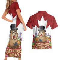 Funny Groundhog Day Couples Matching Short Sleeve Bodycon Dress and Hawaiian Shirt Canadian Maple Leaf - Wonder Print Shop