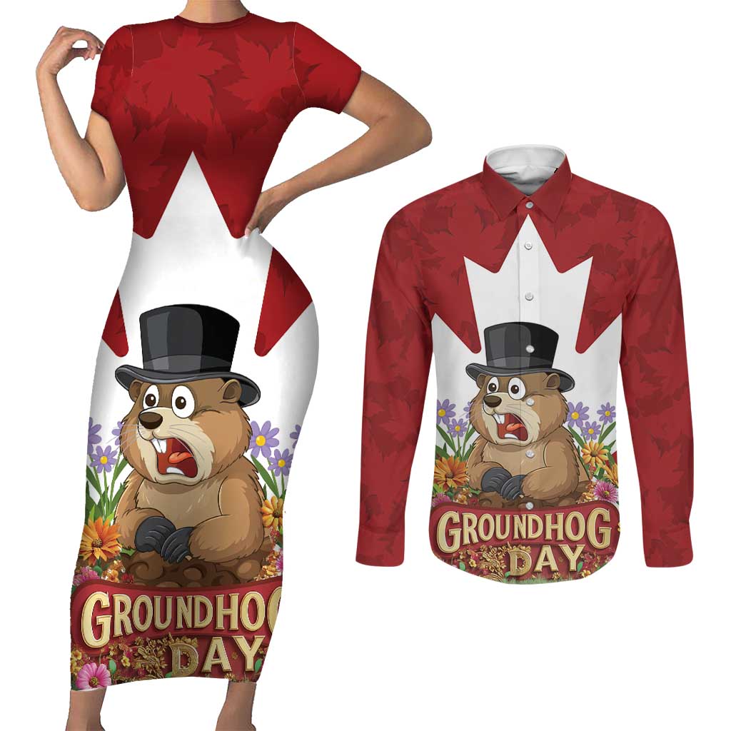 Funny Groundhog Day Couples Matching Short Sleeve Bodycon Dress and Long Sleeve Button Shirt Canadian Maple Leaf - Wonder Print Shop